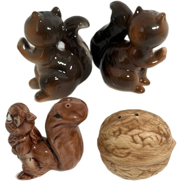Vintage Lot 2 Squirrel Ceramic Salt Pepper Shakers - Cute Couple & Walnut - Picture 4 of 10